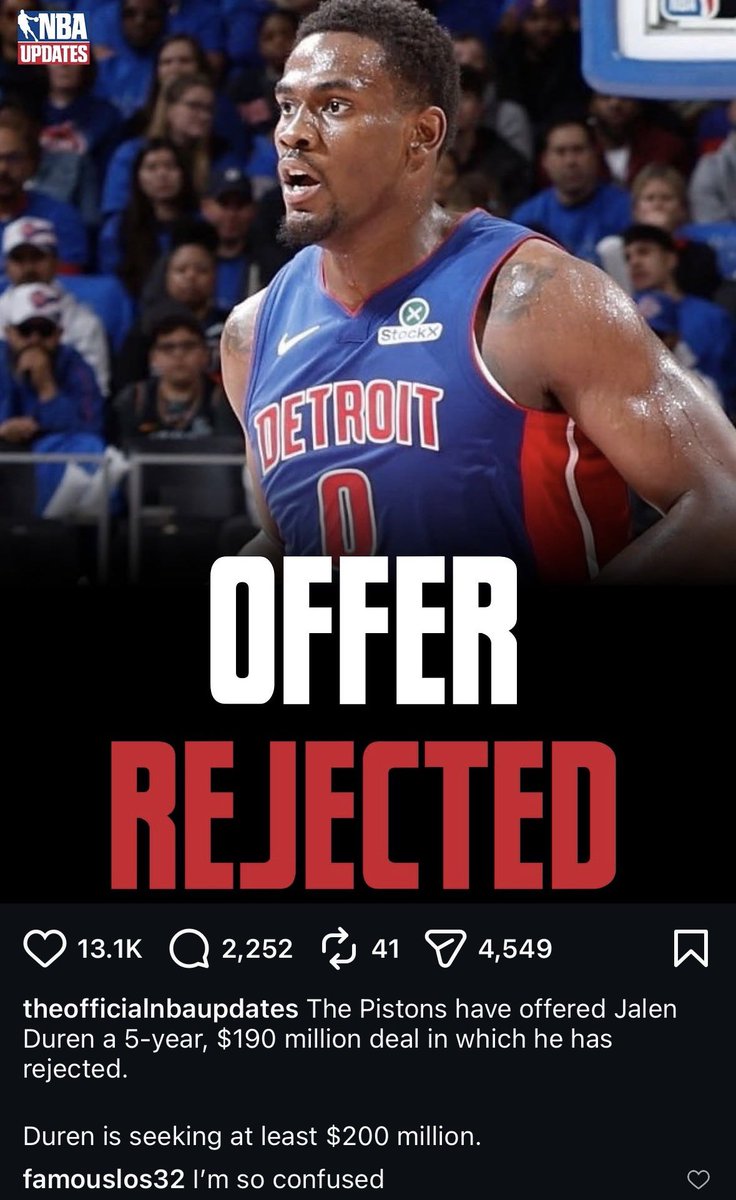 TyLawson3's tweet photo. If you’re  Jalen Duran are you holding out for the extra 10 million or taking the 5 year 190 million 🤔🤔??? https://t.co/X4t1DsAixH