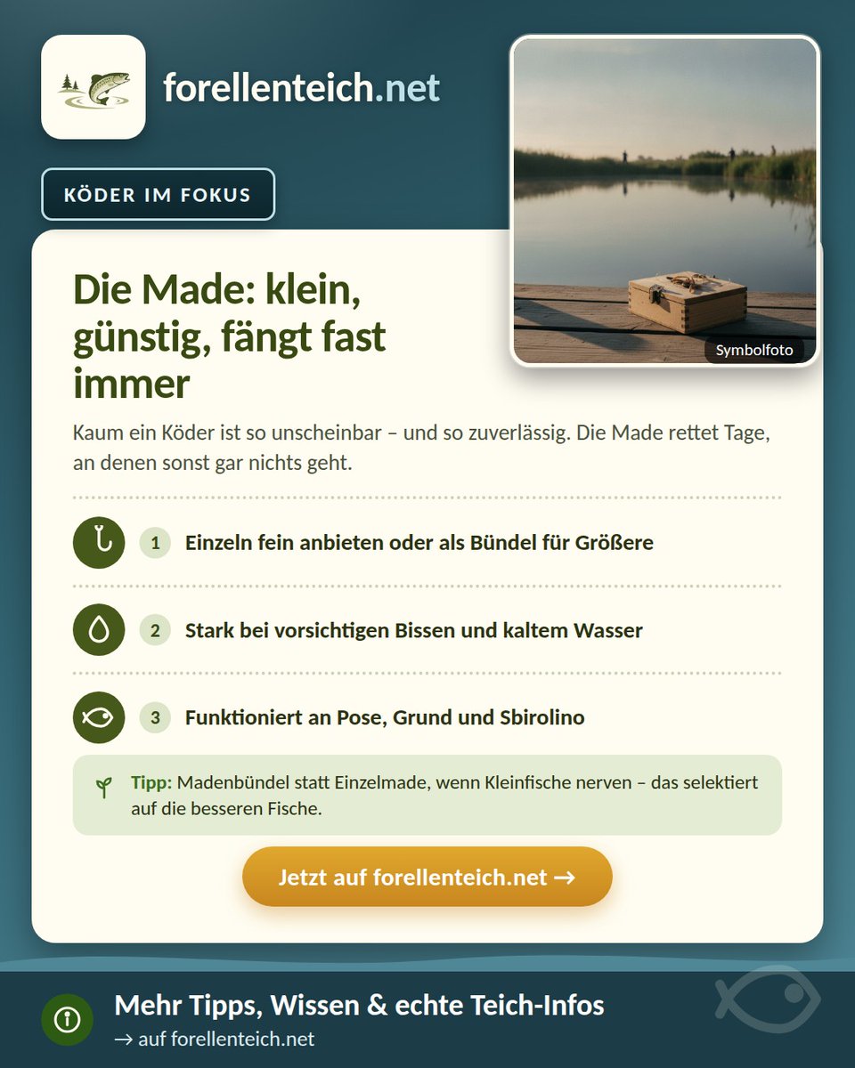 forellenteich's tweet photo. 🎣 Köder im Fokus: die Made – klein, günstig, fängt fast immer. Einzeln fein oder als Bündel. Guide 👉 https://t.co/0CVKx0zh3T
#made #naturkoeder #forellenangeln https://t.co/OyJtw0zqkh