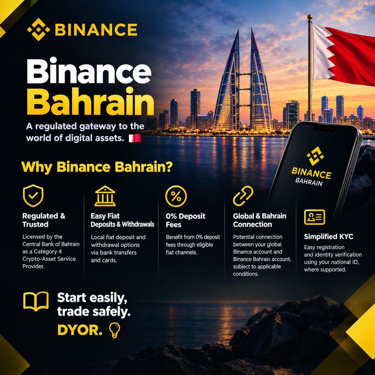 xRMAAD's tweet photo. 🇧🇭 Looking for a regulated gateway into digital assets?
Discover Binance Bahrain, licensed by the Central Bank of Bahrain as a Category 4 Crypto-Asset Service Provider

🔹 Local fiat deposit &amp; withdrawal options

🔹 0% deposit fees through eligible channels https://t.co/53N1MYaxfl
