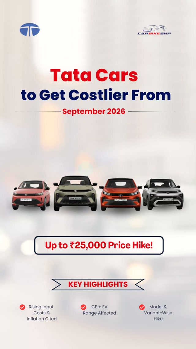 RhondaAltmark's tweet photo. Tata Motors will raise prices by up to ₹25, 000 across ICE and EV models from September 2026, citing rising input costs and inflation. The exact increase will vary by model and variant. https://t.co/MIdzd2bmjt