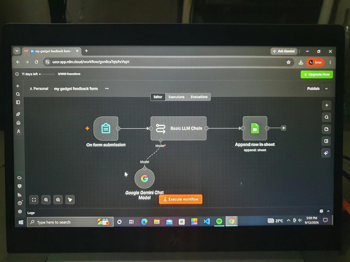 Mimiyoung234's tweet photo. 🚀 Day 5(11th September 2026)of My AI Automation Journey!

Today with @HavilahAcademy , I built my first AI automation workflow. 
Built a gadget store customer complaint report using n8n+ AI

Seeing my first automation work was a great experience.
Day 5 ✅| First Automation
#day5 https://t.co/3TBfe3w80n
