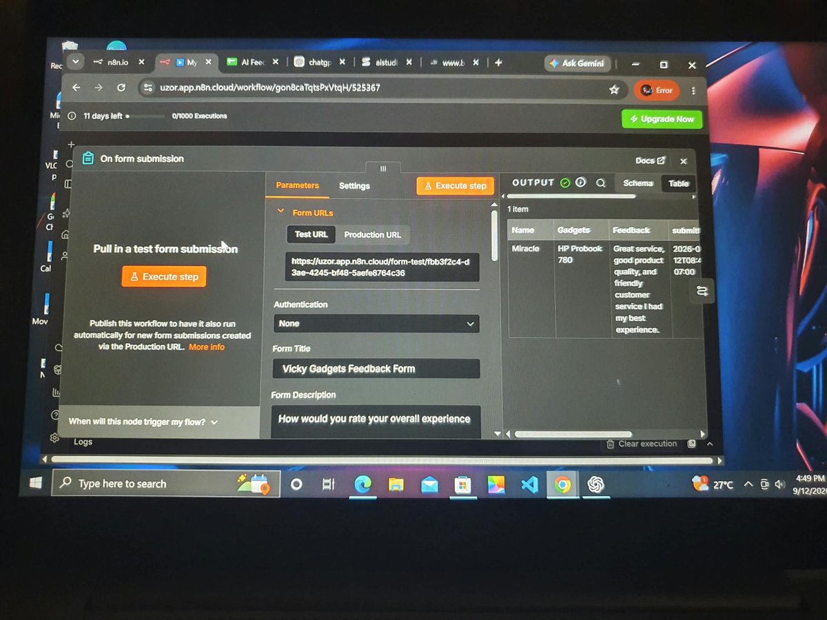 Mimiyoung234's tweet photo. 🚀 Day 5(11th September 2026)of My AI Automation Journey!

Today with @HavilahAcademy , I built my first AI automation workflow. 
Built a gadget store customer complaint report using n8n+ AI

Seeing my first automation work was a great experience.
Day 5 ✅| First Automation
#day5 https://t.co/3TBfe3w80n