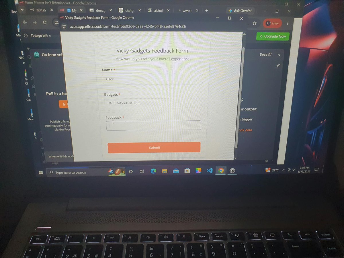 Mimiyoung234's tweet photo. 🚀 Day 5(11th September 2026)of My AI Automation Journey!

Today with @HavilahAcademy , I built my first AI automation workflow. 
Built a gadget store customer complaint report using n8n+ AI

Seeing my first automation work was a great experience.
Day 5 ✅| First Automation
#day5 https://t.co/3TBfe3w80n