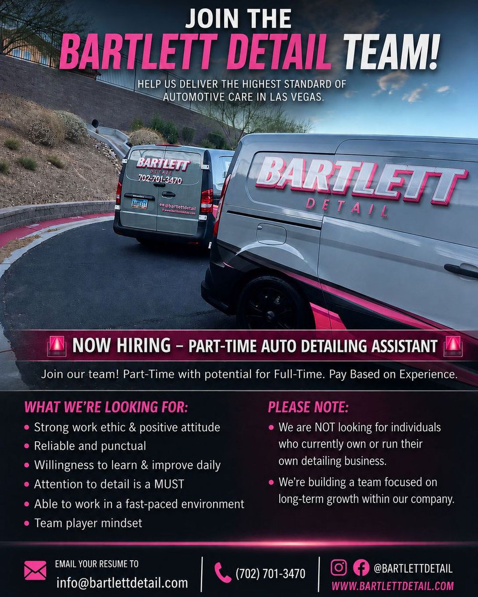 HarmonyNeudzsa's tweet photo. Now hiring: Part-time detailing assistant in Las Vegas. If you take pride in clean work, are ready to learn, and care about doing the job right, we’d love to hear from you. https://t.co/VWsy4J5YuV