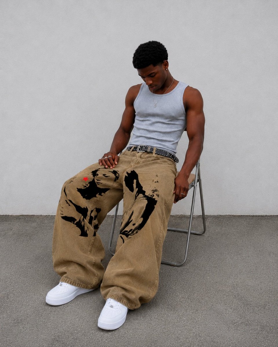 forthylostdays's tweet photo. —'ITS A BOY' DENIM PANTS.

*wide leg/relaxed fit.
*dusty tan colourway.
*statement graphic artwork/red accent detail.
*classic five-pocket construction. 
*metal button &amp; rivet detailing. 
*FTLD branded waistband label.

NGN 34,999. https://t.co/ZzZfuLwwHr