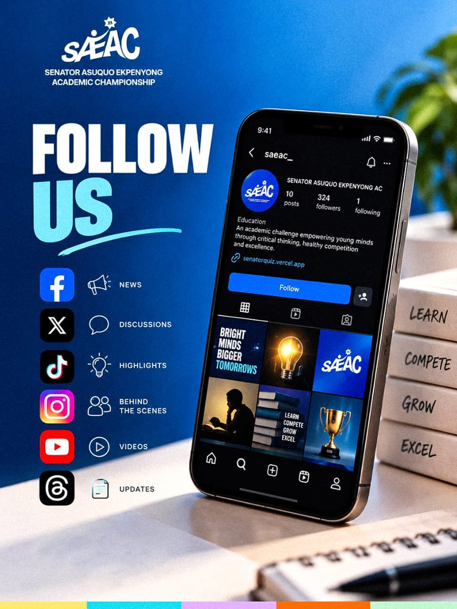 NsaEkeng2's tweet photo. 📢 Stay Connected with SAEAC! 🏆🎓

Follow the Senator Asuquo Ekpenyong Academic Championship (SAEAC) across all our social media platforms to stay updated on the latest announcements, activities, and everything happening around the championship. Follow us on all platforms: https://t.co/Ihgy28nfDB