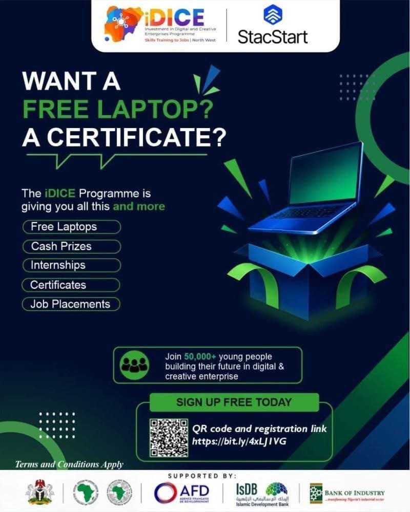 That_Faysal's tweet photo. 🚨 SKILLS-TO-JOBS OPPORTUNITY | FEDERAL GOVERNMENT 🇳🇬💻

The Federal Government iDICE Skills-to-Jobs Programme is still accepting applications!

📍 Application: Select the application card for your state of residence. Applications are managed by geopolitical zone.

🎁 Programme Benefits

💻 Laptop — selected participants, T&Cs apply
💼 Job Placement
💰 Cash Prize
📜 Certificate
🏢 Internship Opportunity

🤝 Supported By

🇳🇬 Federal Government of Nigeria
🌍 African Development Bank (AfDB)
🇫🇷 Agence Française de Développement (AFD)
🌍 Islamic Development Bank (IsDB)
🏦 Bank of Industry (BOI)

🔗 Apply here: https://t.co/1C3WIlSddz

🔁 Share with someone who needs this opportunity!