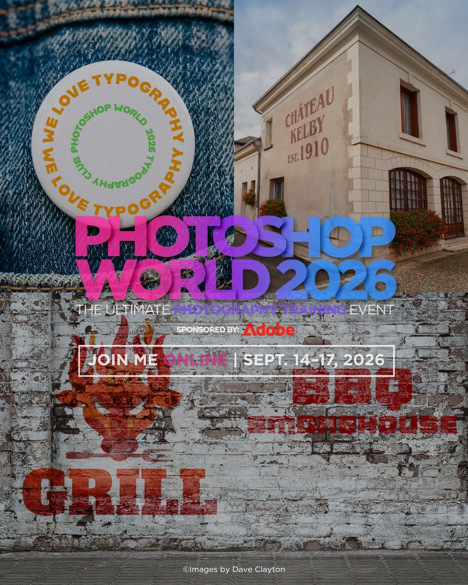KelbyOne's tweet photo. 🎨 Work smarter, then make it look great!

Dave Clayton shows how well-built Photoshop templates can save you hours of repetitive work while keeping you in creative control. Plus, he’ll show how to put typography to work to create bold, eye-catching designs.

Join Dave + 24 other creative instructors online at Photoshop World 2026, sponsored by @Adobe, starting Monday + replays for a full year. 💫

🎟️ https://t.co/ENX5R7VjZk

@itsdaveclayton