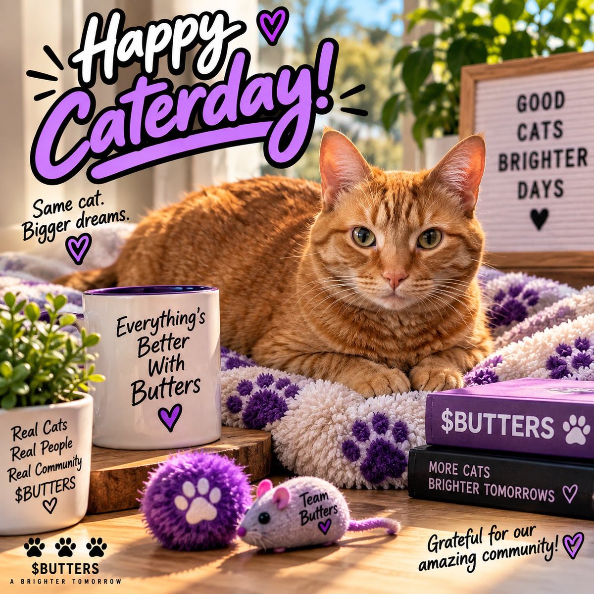 MeetButters's tweet photo. 🐈💜 HAPPY CATERDAY FROM BUTTERS!

Good cats. Good people. Bigger plans.

We’re building this community one real person at a time — and we’re grateful for everyone who’s along for the ride. 👑

Same cat. Bigger dreams.

Everything’s Better With Butters. 🐾

$BUTTERS #Caterday https://t.co/Q9lDmfFosK
