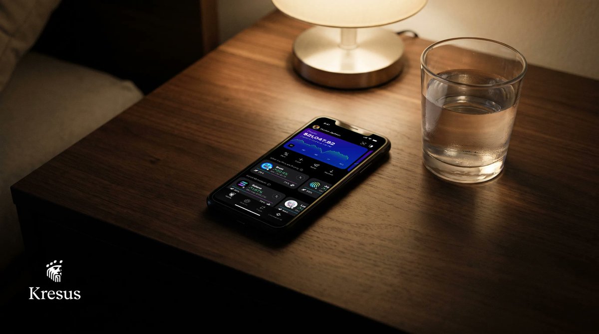 The Kresus app open on a phone lying on a dark nightstand beside a glass of water, lit by a single bedside lamp at night