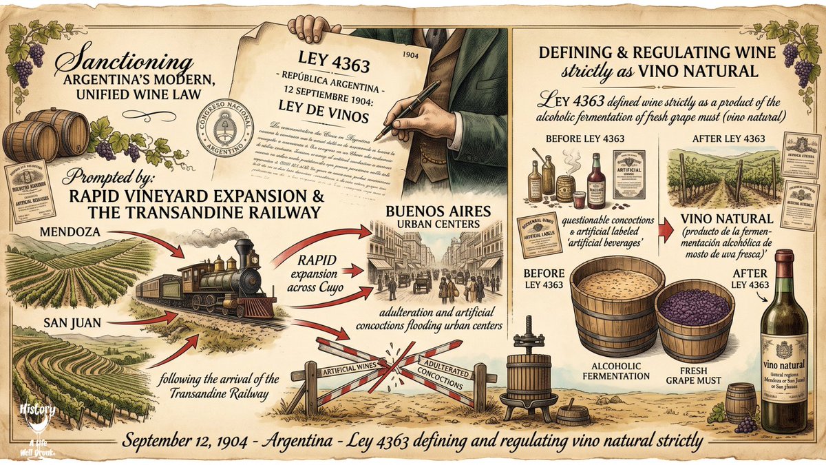 ALifeWellDrunk's tweet photo. September 12, 1904: Argentina's Ley 4363 defined wine legally, fighting adulteration and shaping the modern wine trade. #WineHistory #WineEducation #Vino https://t.co/Pavc3h5IuO