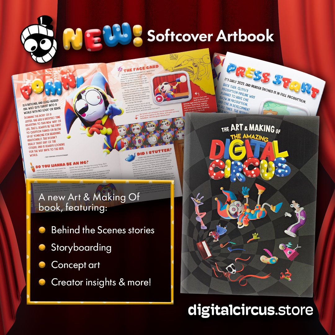 glitch_prod's tweet photo. Concept art, production stories and Kinger - the new Art and Making of The Amazing Digital Circus book has it all! 🎪
The special hardcover edition and more are available until September 25! https://t.co/WF7lb3fKdo