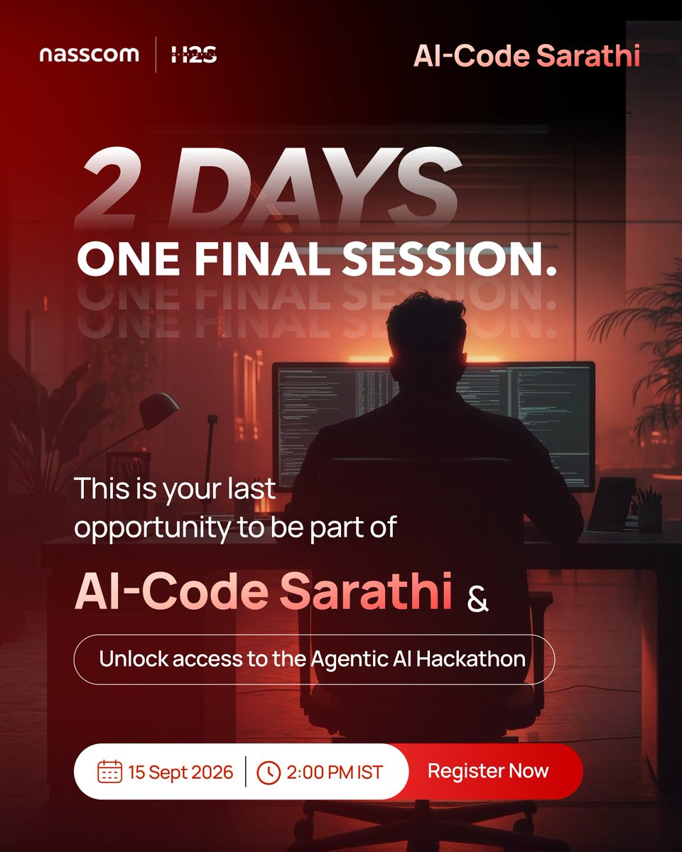hack2skill's tweet photo. 2 DAYS LEFT. 🚨

One last chance to build with AI, sharpen your skills, and unlock the opportunity to take on the Agentic AI Hackathon.

Register now. Your next build awaits: https://t.co/UJllMbhAtO

#AICodeSarathi #Nasscom #Hack2skill https://t.co/6pjBF3JqNH