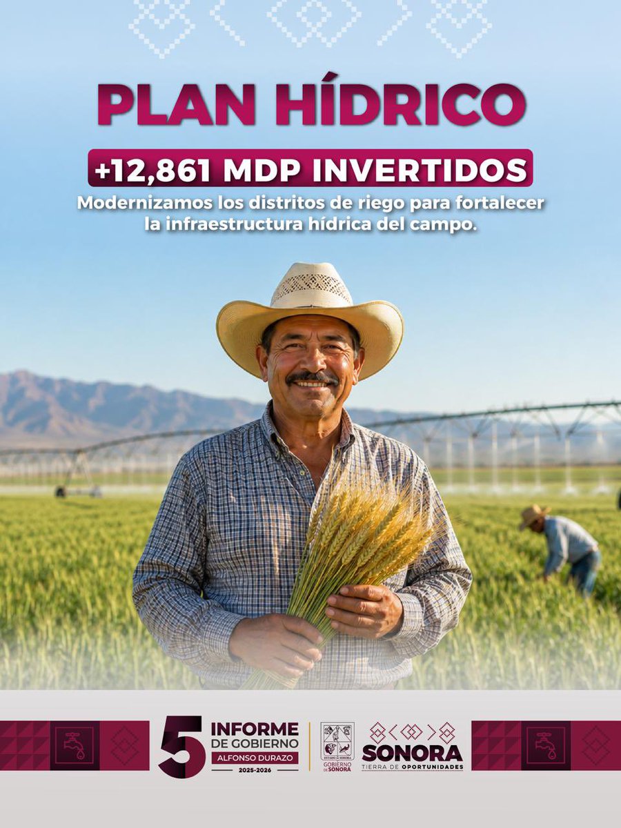 AlfonsoDurazo's tweet photo. El agua también impulsa la transformación de Sonora.

Con el respaldo del Gobierno de México y una inversión de más de 12 mil 861 millones de pesos, modernizamos los distritos de riego y fortalecemos la infraestructura hídrica que sostiene al campo sonorense.

Más infraestructura, mayor productividad y más oportunidades para quienes trabajan nuestra tierra.

#QuintoInforme #SonoraSeTransforma #AlfonsoDurazo