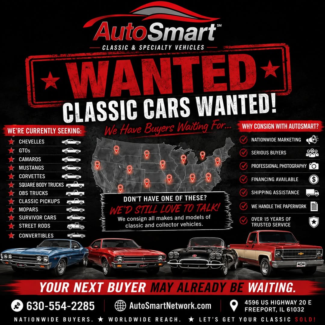 LeslieLinegtd's tweet photo. Buyers are waiting for quality classics. We’re seeking muscle cars, classic trucks, convertibles, Corvettes, Chevelles, GTOs, Camaros, Mustangs, Square Body trucks, survivor cars, and more. Sell simply with AutoSmart. Call 630-554-2285. https://t.co/iA4qSgaedh