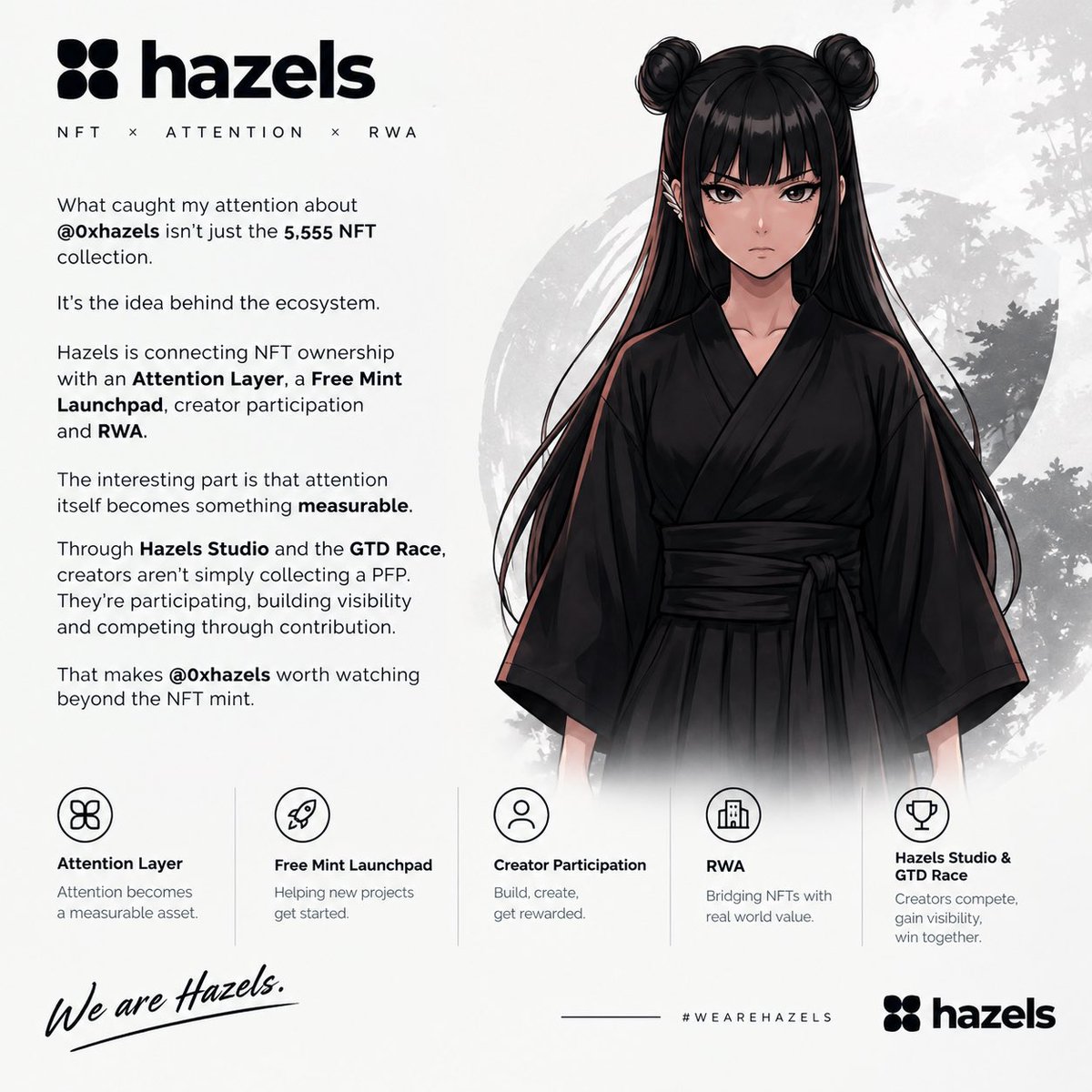 ZunnuMetaX's tweet photo. GN  Hazels

What caught my attention about @0xhazels isn’t just the 5,555 NFT collection.

It’s the idea behind the ecosystem.

Hazels is connecting NFT ownership with an Attention Layer, a Free Mint Launchpad, creator participation and RWA.

The interesting part is that attention itself becomes something measurable.

Through Hazels Studio and the GTD Race, creators aren’t simply collecting a PFP.

They’re participating, building visibility and competing through contribution.

That makes @0xhazels worth watching beyond the NFT mint.

We are Hazels.
#WEAREHAZELS