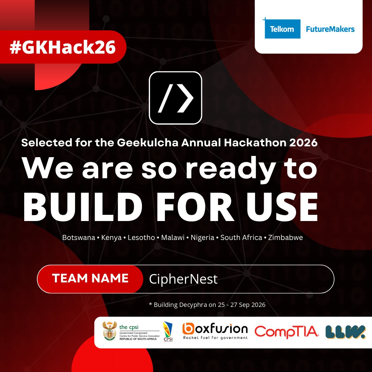 TheCyberVine's tweet photo. Yesterday we got the green flag to compete in the Geekulcha Annual Hackathon 2026. 🔥

Huge thanks to Team CipherNest for the grind that got us here as Nigeria’s first competing university team. This is only the start. 

The real work begins now. ❤️‍🔥@ireteeh

#GKHack26 #BuildForUse