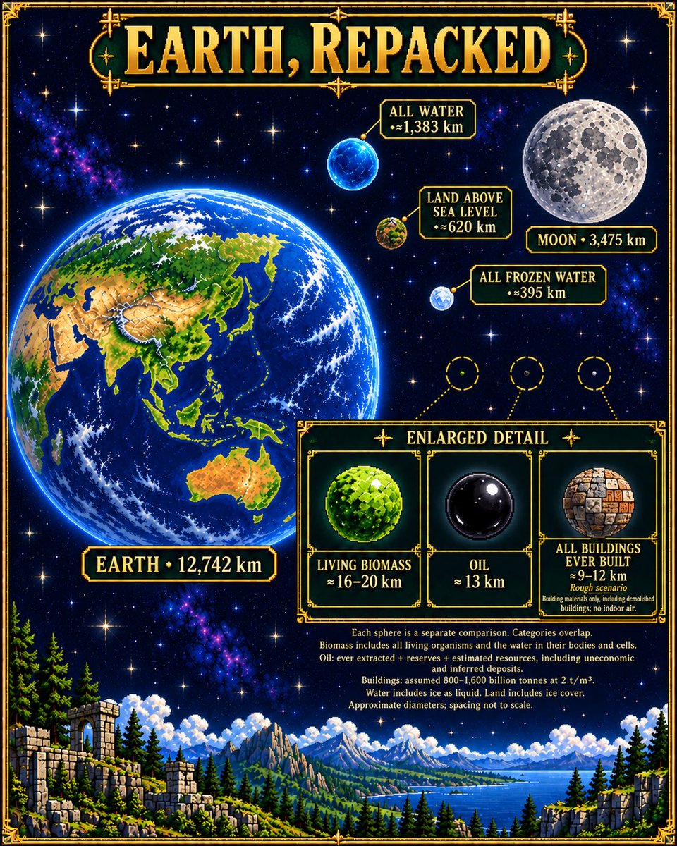 LulMail's tweet photo. 🌏 What if we gathered Earth’s materials into spheres?

All its water would form a ball about 1,383 km across—just 40% of the Moon’s diameter.

From oceans to living things, a little perspective makes our planet even more fascinating.

Approximate estimates; categories overlap. https://t.co/WmCZq0yd3I