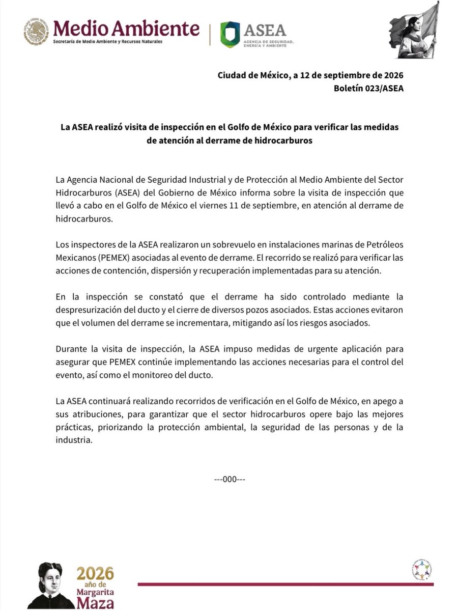 agencia_asea's tweet photo. #BoletínASEA: Realizamos visita de inspección en el Golfo de México para verificar las medidas de atención al derrame de hidrocarburos.

📰https://t.co/20CueuK8SC

#SomosASEA https://t.co/VxBQltE3ql