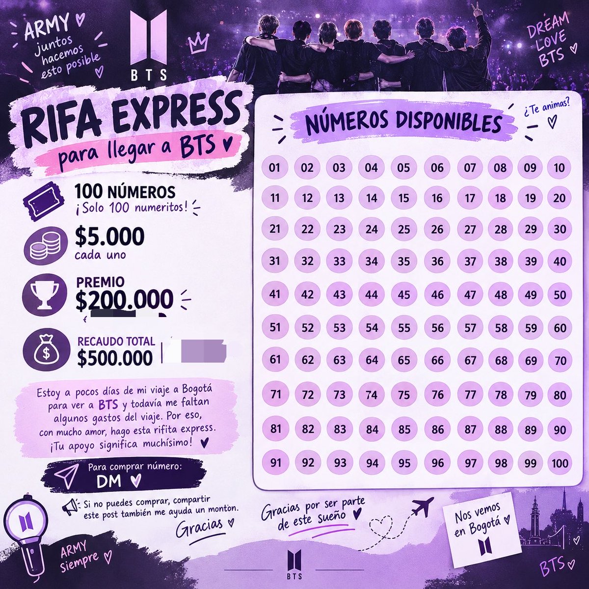 ktaeuri's tweet photo. 💜 RIFA EXPRESS PARA LLEGAR A BTS 💜

ARMY, llegó el momento de pedirles un pequeño empujoncito 🥹

Estoy a muy poquitos días de mi viaje a Bogotá para cumplir mi sueño de ver a BTS y todavía me faltan algunos gastos del viaje. Así que decidí hacer una rifa. https://t.co/MXt9m81aZ1