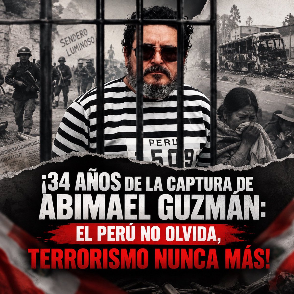 NilzaChaconT's tweet photo. ¡34 AÑOS DE LA CAPTURA DE ABIMAEL GUZMÁN: TERRORISMO NUNCA MÁS!

Recordamos la histórica captura realizada por el GEIN el 12 de septiembre de 1992 y honramos a las víctimas del terrorismo y a quienes lucharon por devolverle la paz al Perú. https://t.co/tl2wpjCy3X