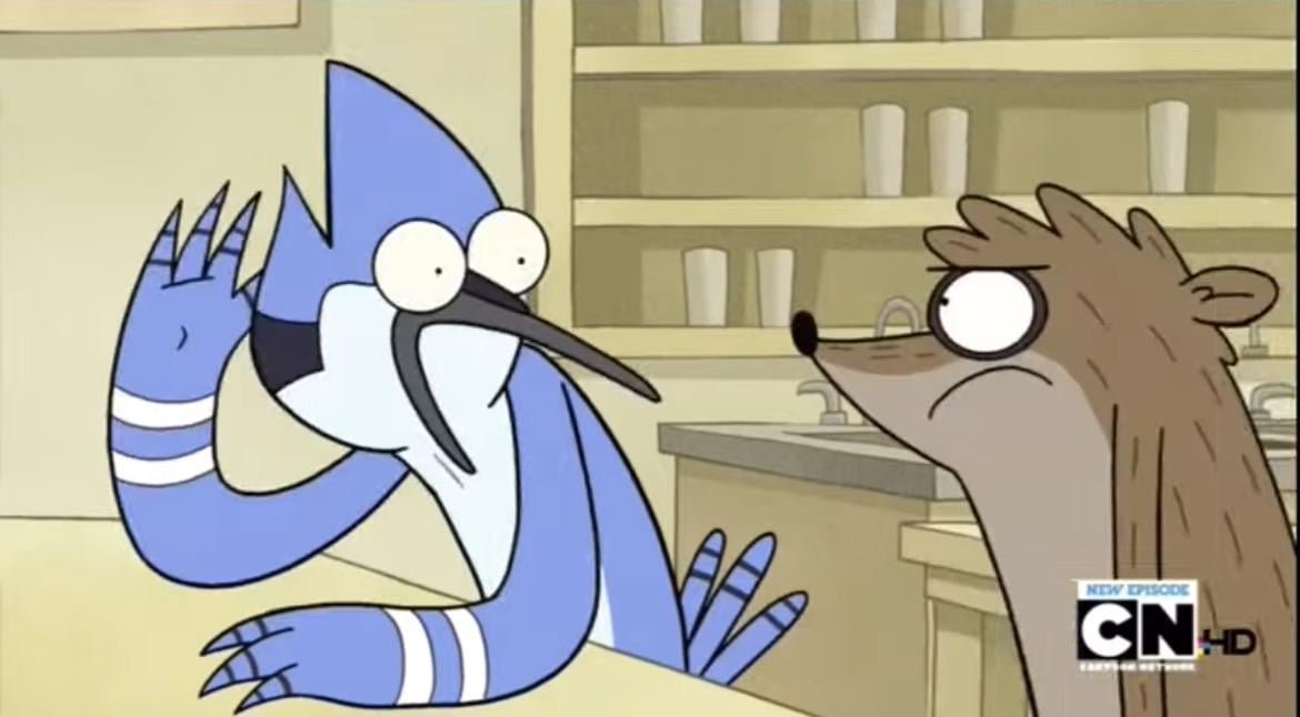 Torgan616's tweet photo. > be a 28 year old showrunner
> voice early 20s self-insert
> give him zero redeemable qualities

J.G. Quintel was so real for creating Regular Show for the express purpose of publicly venting his shame and embarrassment for how awful he was as a guy in his early 20s. https://t.co/E6C7lwk4tG
