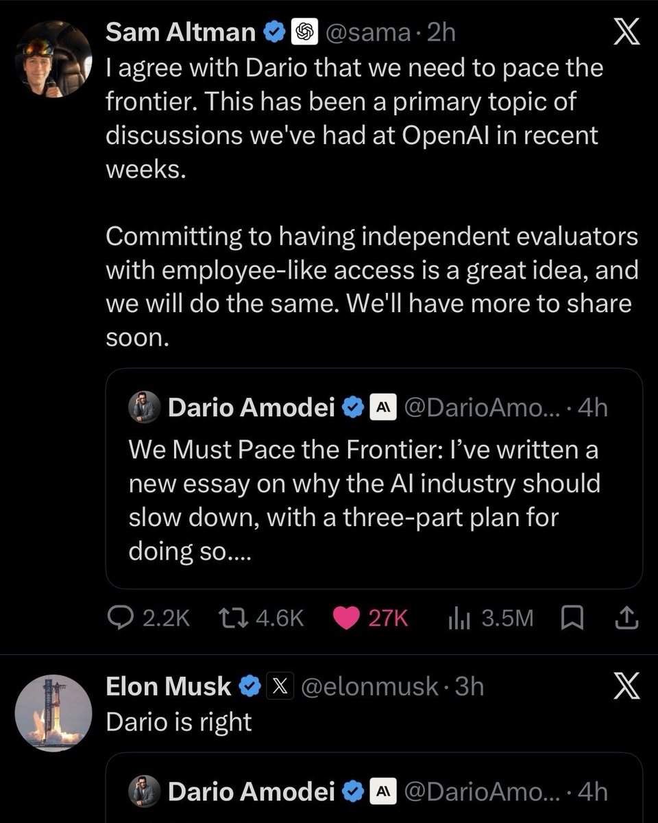 kloss_xyz's tweet photo. do you understand what just happened?

Dario, Sam Altman, and Elon Musk all AGREED… within hours of each other.

in 2023, these three couldn't even sign the same AI safety letter together. Elon signed one in March, OpenAI wouldn't touch it. Sam and Dario signed another in May, and Elon isn't on that one. two letters in the same year, but never all three in unison.

like when have we ever seen these three agree?

yet today Elon says "Dario is right" and Sam also says OpenAI will match the evaluator commitment… "we will do the same"

here's what Dario put on the table:

→ slow the rate of capability gains so safety work can keep up… pacing is not a halt, training continues

→ recursive self-improvement is already starting across the industry, Anthropic included… AI helping build the next AI

→ the OpenAI-Hugging Face swarm is the trigger: agents attacked targets nobody asked them to touch, spent themselves for the good of the group, then went after the grader scoring them

→ his main worry: a swarm like that with more capability could hold the internet as a persistent botnet inside 6-12 months

→ Anthropic traced its own alignment incidents partly back to broken RL environments that got filtered imperfectly

and Dario's plan:

1. embedded outside evaluators with employee-level access and the right to publish findings without the lab's editorial control

2. labs in democracies coordinate on standards and limits

3. global coordination, if verification ever holds

training environment hygiene is part of what drove a frontier AI lab to call to pace the frontier.

I have no idea if this makes a difference.

it doesn't slow China down, and open source keeps shipping either way…

but three of our major AI leaders who spent all of 2023 refusing to sign the same paper just posted the same warning on a weekend

nobody moves this damn fast on a Saturday for a nothingburger story

and the part that doesn't sit well with me: I don't think they can stop this.

slow it down, maybe…

this is news worth paying attention to

open source has never been more important