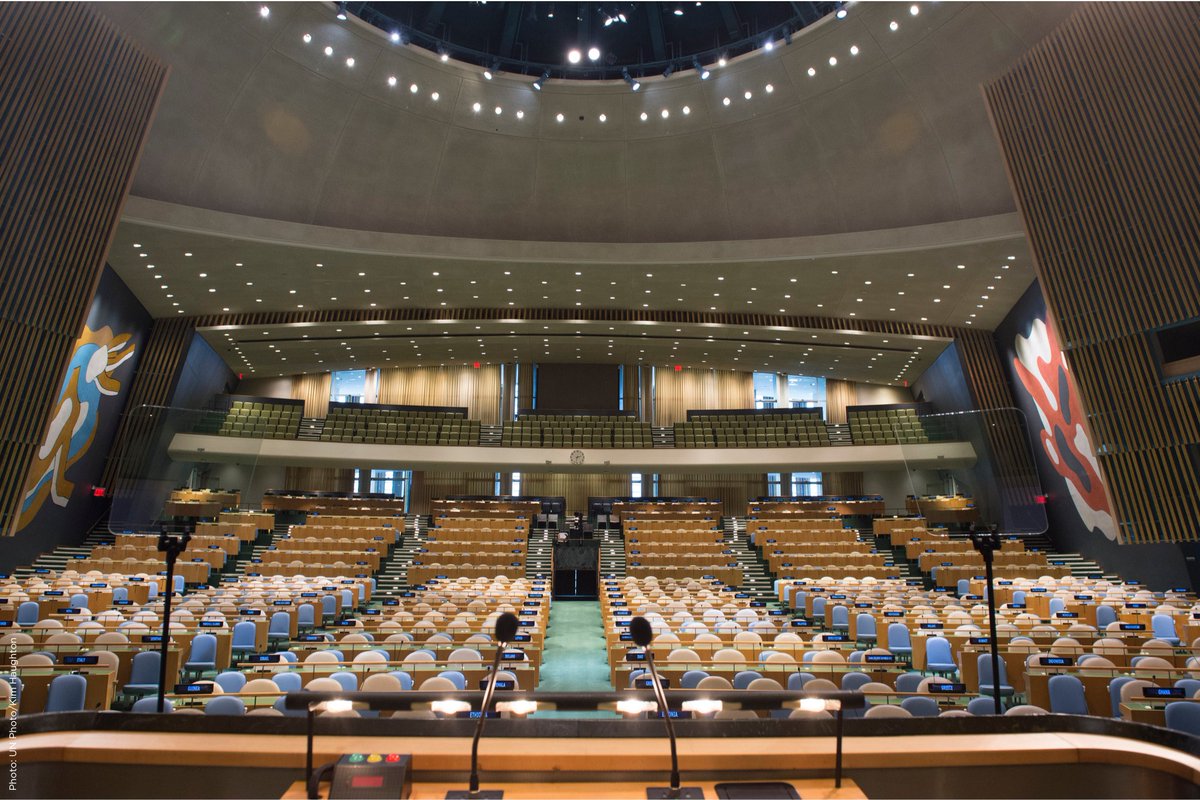A view of the seats in the UN General Assembly Hall, from the perspective of the dais.