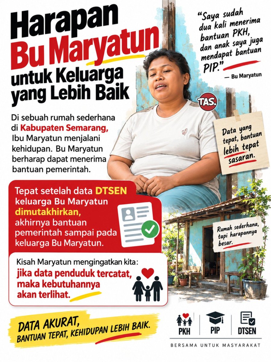 Lihat_Akoe's tweet photo. Bu Maryatun dari Kab. Semarang berharap bantuan bisa meringankan beban keluarganya. Setelah data DTSEN-nya dimutakhirkan, harapan itu terwujud. Ia menerima PKH dan anaknya mendapat PIP. Reformasi Bansos membuktikan data yang tepat mengubah kehidupan keluarga. #DesilTepatSasaran https://t.co/B1pESw8gEH