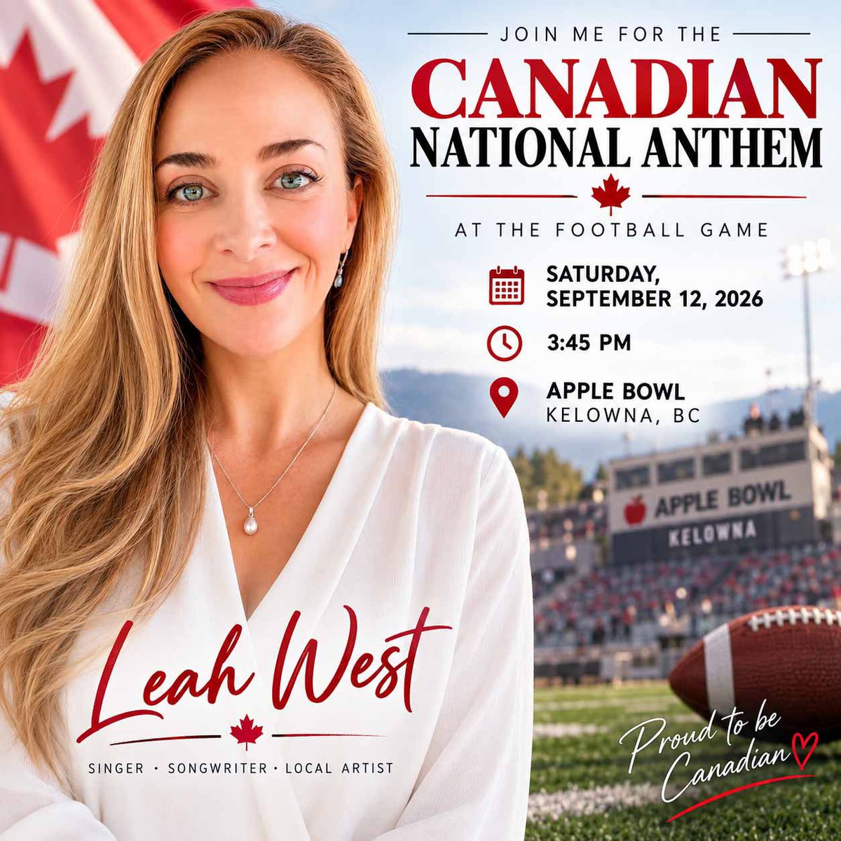 LeahWestMusic's tweet photo. Please join me later today while I sing "O Canada"  🇨🇦🎶 And a little surprise... my son Blu West, who is Kelowna born and raised, will be joining me for a mother-son duet ❤️🇨🇦

Joignez-vous à moi un peu plus tard aujourd’hui alors que je chanterai « Ô Canada » 🇨🇦🎶 Et j’ai une petite surprise pour vous… mon fils, Blu West, né et élevé à Kelowna, se joindra à moi pour un duo mère-fils ❤️🇨🇦