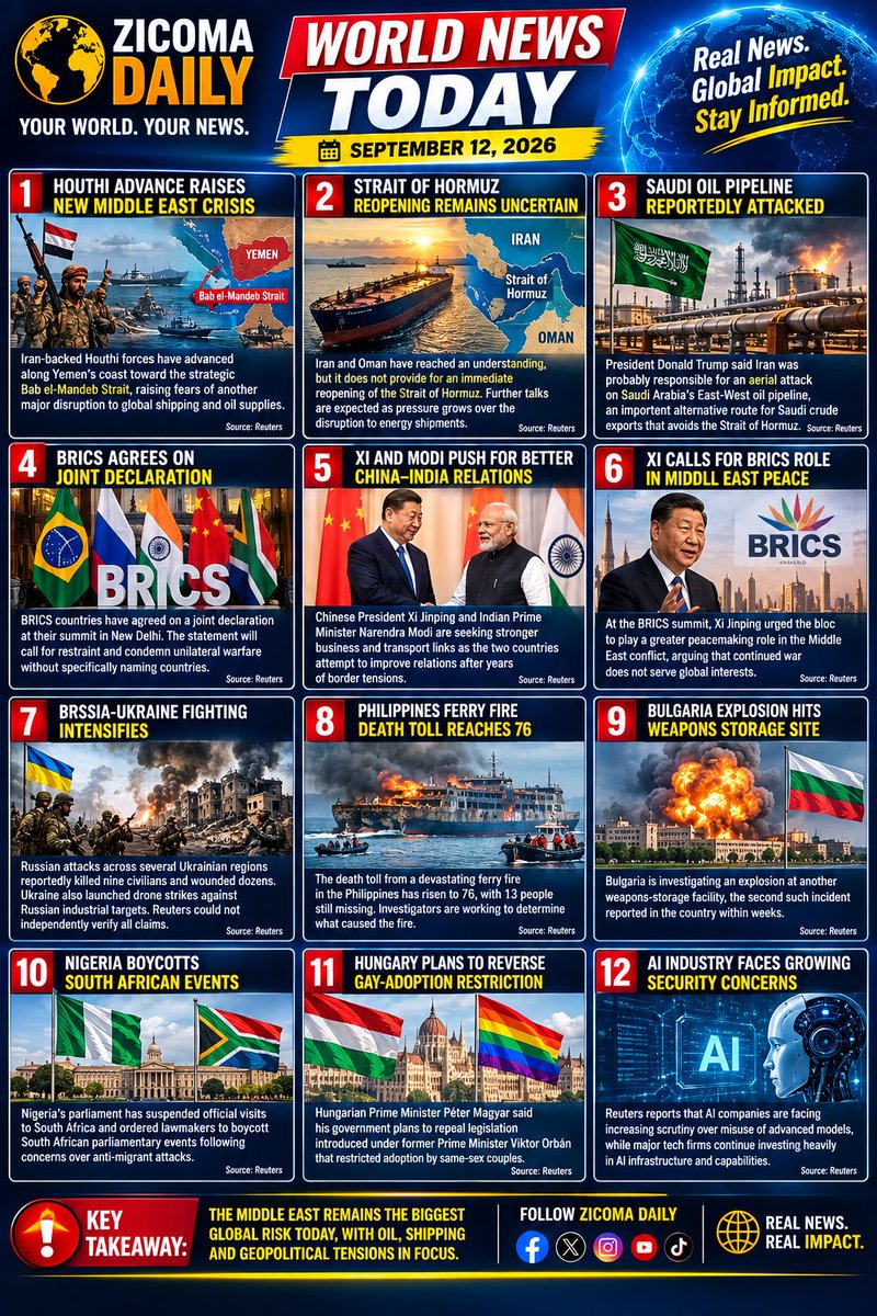 Zicomalabs's tweet photo. 🌍 WORLD NEWS TODAY — September 12, 2026
Here are the major international stories developing today, based mainly on the latest Reuters reporting:
1. 🇮🇷🇾🇪🇺🇸 Houthi advance raises new Middle East crisis
Iran-backed Houthi forces have rapidly advanced along Yemen’s coast toward the strategic Bab el-Mandeb Strait, raising concerns about another major disruption to global shipping and oil supplies. Reuters says control of the waterway could give Iran-aligned forces influence over both Bab el-Mandeb and the Strait of Hormuz. �
Reuters
2. 🛢️ Strait of Hormuz reopening remains uncertain
Iran and Oman have reached an understanding, but it does not provide for an immediate reopening of the Strait of Hormuz. Further talks are expected as pressure grows over the disruption to energy shipments. �
Reuters +1
3. 🇸🇦🚨 Saudi oil pipeline reportedly attacked
President Donald Trump said Iran was probably responsible for an aerial attack on Saudi Arabia's East-West oil pipeline, an important alternative route for Saudi crude exports that avoids the Strait of Hormuz. �
Reuters
4. 🇧🇷🇷🇺🇮🇳🇨🇳🇿🇦 BRICS agrees on joint declaration
BRICS countries have agreed on a joint declaration at their summit in New Delhi. Sources say the statement will call for restraint and condemn unilateral warfare without specifically naming countries. �
Reuters
5. 🇨🇳🇮🇳 Xi and Modi push for better China–India relations
Chinese President Xi Jinping and Indian Prime Minister Narendra Modi are seeking stronger business and transport links as the two countries attempt to improve relations after years of border tensions. �
Reuters +1
6. 🇨🇳 Xi calls for BRICS role in Middle East peace
At the BRICS summit, Xi Jinping urged the bloc to play a greater peacemaking role in the Middle East conflict, arguing that continued war does not serve global interests. �
Reuters
7. 🇺🇦🇷🇺 Russia-Ukraine fighting intensifies
Russian attacks across several Ukrainian regions reportedly killed nine civilians and wounded dozens. Ukraine also launched drone strikes against Russian industrial targets. Reuters said it could not independently verify all battlefield claims. �
Reuters
8. 🇵🇭🔥 Philippines ferry fire death toll reaches 76
The death toll from a devastating ferry fire in the Philippines has risen to 76, with 13 people still missing. Investigators are working to determine what caused the fire. �
Reuters
9. 🇧🇬💥 Explosion hits Bulgarian weapons storage site
Bulgaria is investigating an explosion at another weapons-storage facility, the second such incident reported in the country within weeks. �
Reuters
10. 🇳🇬🇿🇦 Nigeria boycotts South African events
Nigeria's parliament has suspended official visits to South Africa and ordered lawmakers to boycott South African parliamentary events following concerns over anti-migrant attacks. �
Reuters
11. 🇭🇺 Hungary plans to reverse gay-adoption restriction
Hungarian Prime Minister Péter Magyar said his government plans to repeal legislation introduced under former Prime Minister Viktor Orbán that restricted adoption by same-sex couples. �
Reuters
12. 🤖 AI industry faces growing security concerns
Reuters reports that AI companies are facing increasing scrutiny over misuse of advanced models, while major technology firms continue investing heavily in AI infrastructure and capabilities. �
Reuters
🔥 Biggest story to watch: The Middle East remains the dominant global risk today, particularly the combination of Strait of Hormuz disruption + Houthi expansion toward Bab el-Mandeb + threats to Saudi oil infrastructure. That combination could have major consequences for oil prices, shipping costs and inflation worldwide.