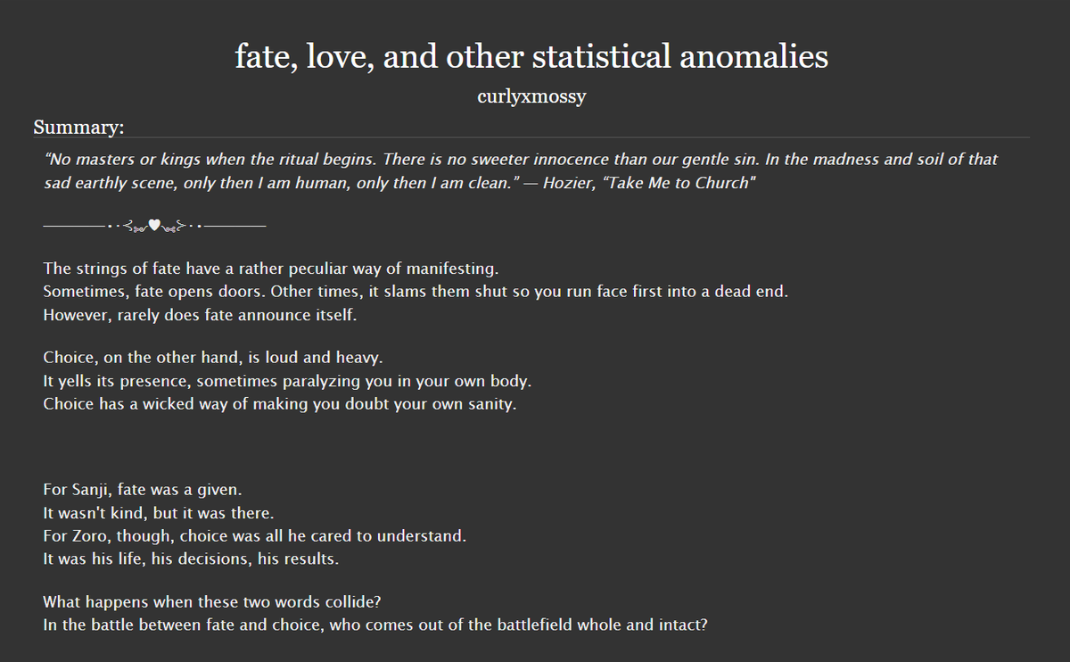 curlyxmoss's tweet photo. #zosan #sanzo 
the first chapter of 'fate, love, and other statistical anomalies' has officially been posted! 

Special thanks to @rioculuu and @Russian_Alphy for reading through the rough draft and to @sephydove and @willofperona for hanging tight as i lost my mind over this. https://t.co/mlNWfofrIK
