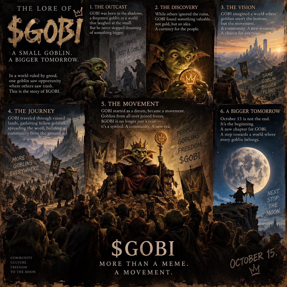 GOBImemecoin's tweet photo. Every legend starts somewhere. 🧌

GOBI was just a small goblin in a world that never believed in him.

They laughed.
They ignored him.
They told him he was too small to matter.

Then he found something worth fighting for.

Not gold.
Not power.

A community.

From the shadows, GOBI began his journey.

And on October 15, the next chapter begins.

🧌 The legend of $GOBI is only getting started.

#GOBI #Solana #Memecoin