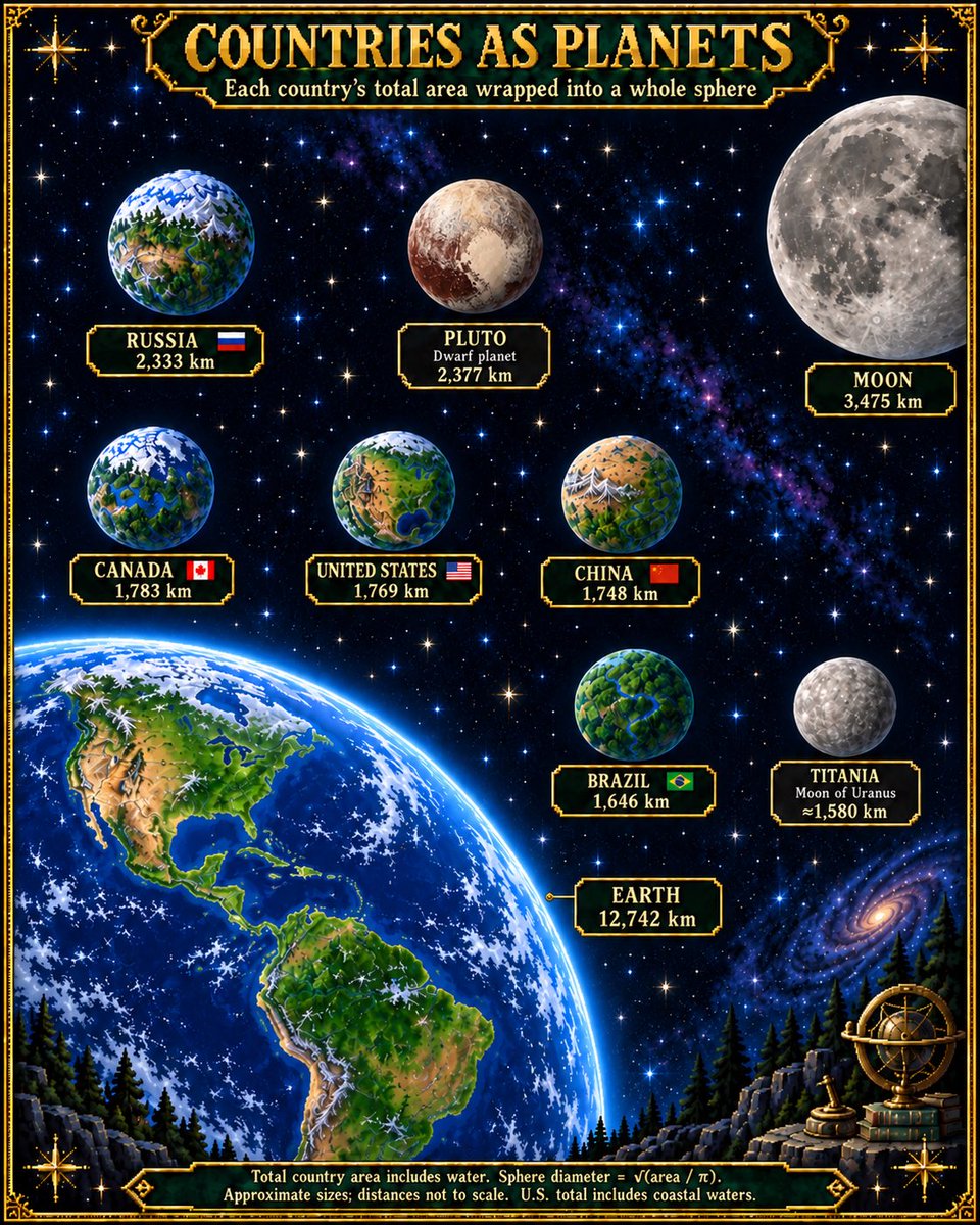 LulMail's tweet photo. 🌎 What if countries became tiny worlds?

Wrap Russia’s total area into a sphere and you’d get a world about 2,333 km across—almost Pluto’s size!

These five country worlds turn familiar maps into a fresh cosmic perspective. ✨

Based on surface area, including water. https://t.co/JJG40wNqOu