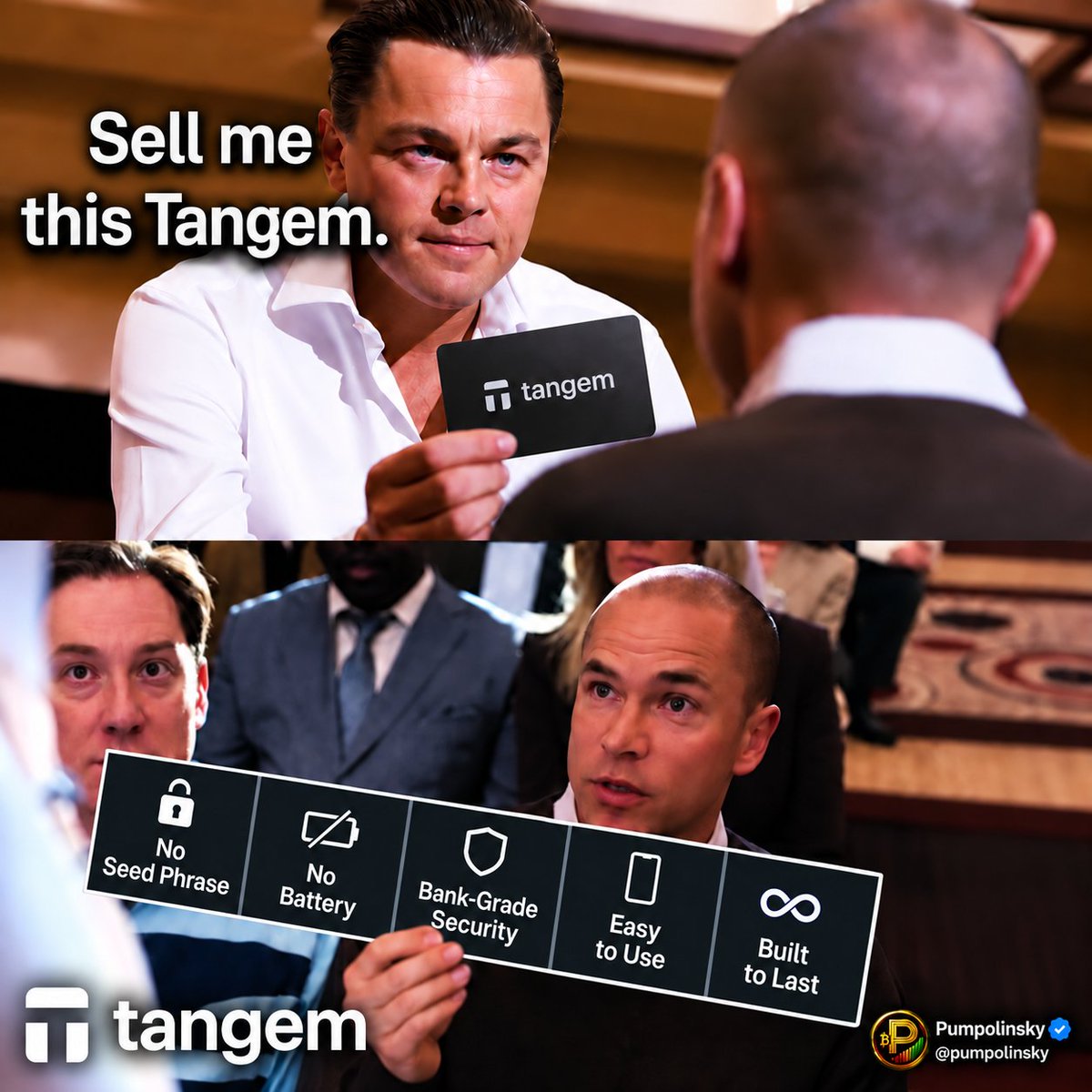 pumpolinsky's tweet photo. Sell me this @Tangem!

Crypto people love making simple things complicated.
Tangem did the opposite.

No cables. No charging. No confusing setup. Just tap your card, manage your crypto, and move on with your day.

Crypto security doesn’t need to feel complicated to be powerful. https://t.co/4jBZBfg74n