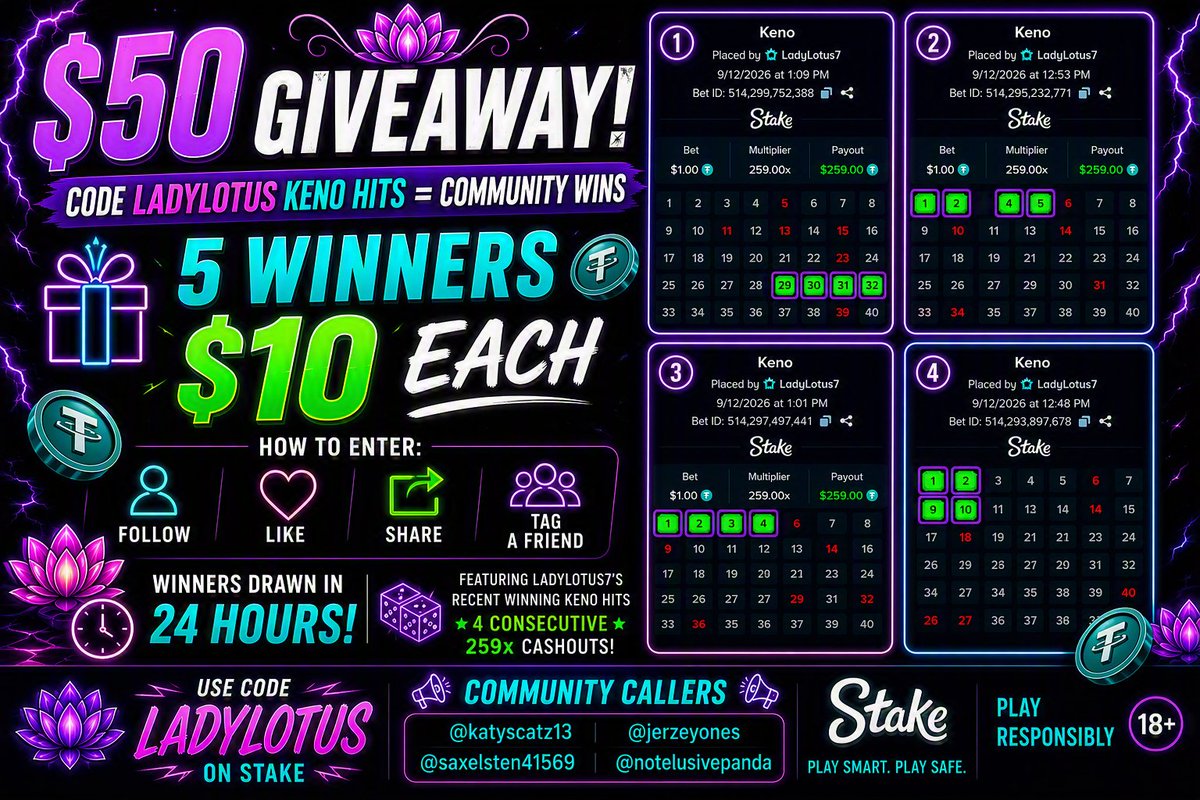 LadyLotusKick's tweet photo. ANOTHER GIVEAWAY ?!?!?!?   CODE LADYLOTUS!  Picking winners in 24hrs!! $10 to 5 winners but if active under code LadyLotus you get DOUBLE!!!!  https://t.co/MttXOSfZvV MUST BE Following me, Tag 2 people, Retweet AND Drop Stake Name!!!! Good Luck!!! @stake @stakeeddie @kick @KickPartner @kickcommunity @Club @Stake_Angels