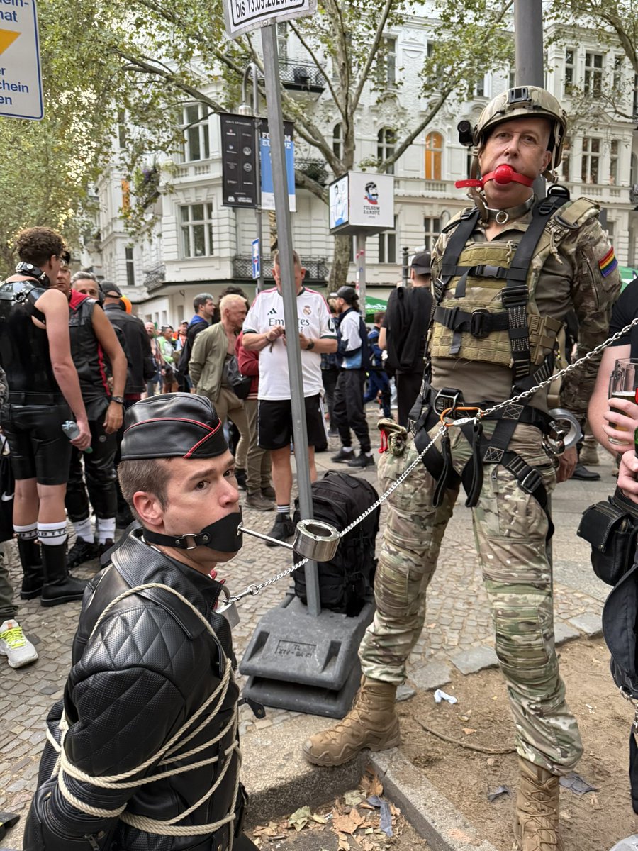 bootedray's tweet photo. #folsom fun continues. Three boys locked by one chain (with My slave as #humanashtray) 
#folsomeurope #folsomberlin https://t.co/c1EQ23G0Z4