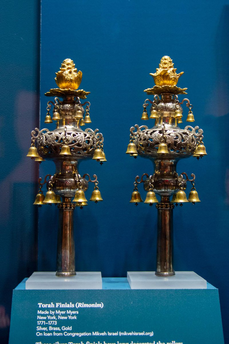 AmRevMuseum's tweet photo. #ShanahTovah to those observing #RoshHashanah ✨ 

On your next visit to the Museum, see these 1770s silver finials on loan from 
Mikveh Israel. The finials are one of several pairs made by renowned Jewish silversmith Myer Myers of New York.

Visit: https://t.co/gU86Vf4349 https://t.co/S6aZZroQpe