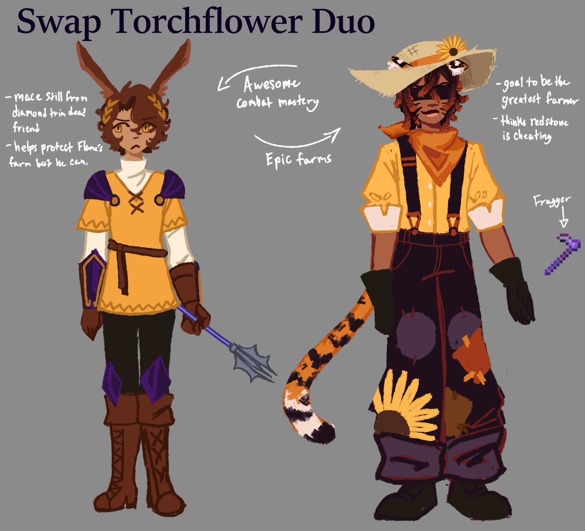 _andnobby's tweet photo. i got a swap au rotating in my brain really badly so heres tax duo and torchflower but swapped!!! The only thing that changes is their role they keep a similar personality

imperialfire are still rivals but now its MORE stupid
#unstableuniversefanart https://t.co/ahb6mkxubU