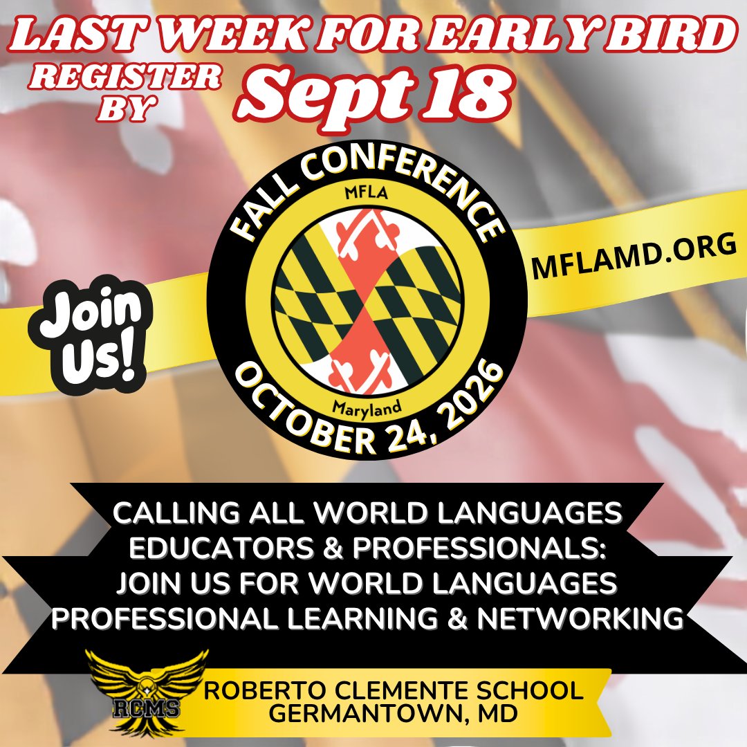 MFLAMD's tweet photo. Fall Conference learning is looking GOOD!
https://t.co/p3WO6eUR61

With 40 session choices across 5 session blocks, there will be something for everyone!

📅 October 24, 2026
 📍 Roberto Clemente Middle School, Germantown, MD

Explore new ideas. 
Connect with colleagues. https://t.co/glz0vUsfIp