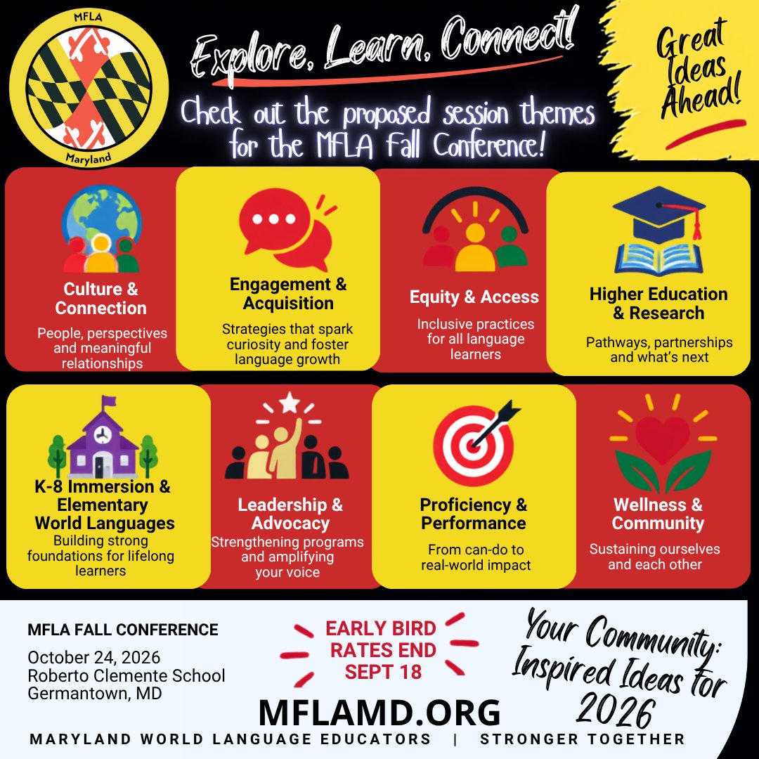 MFLAMD's tweet photo. Fall Conference learning is looking GOOD!
https://t.co/p3WO6eUR61

With 40 session choices across 5 session blocks, there will be something for everyone!

📅 October 24, 2026
 📍 Roberto Clemente Middle School, Germantown, MD

Explore new ideas. 
Connect with colleagues. https://t.co/glz0vUsfIp