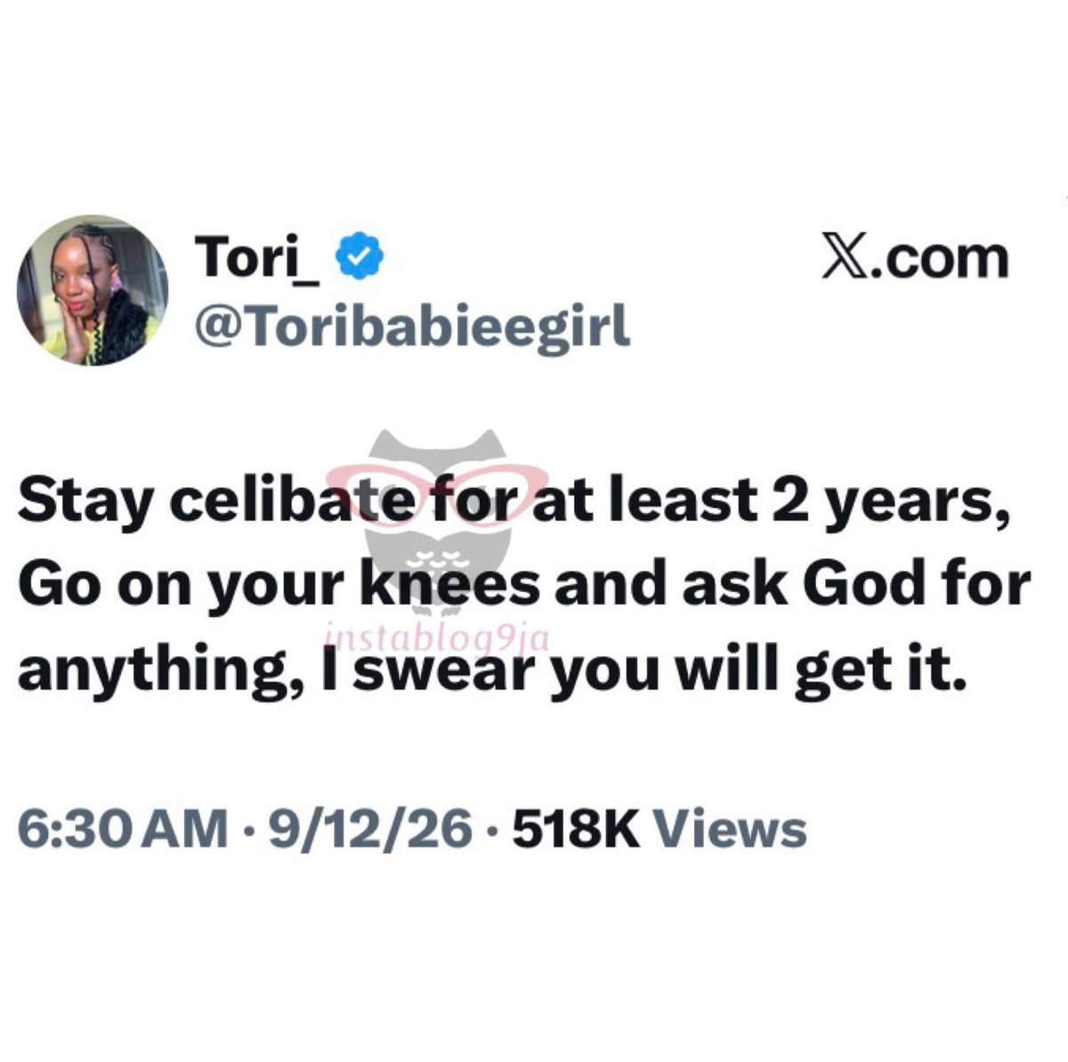 instablog9ja's tweet photo. A hack to get anything from God — Businesswoman Tori https://t.co/dlBGJPijru