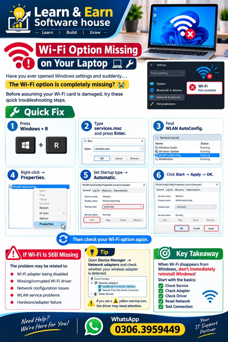 sayedFayyazHus3's tweet photo. Learn &amp; Earn Software house
📶 Wi-Fi Option Missing on Your Laptop 💻🔧
Have you ever opened Windows settings and suddenly… https://t.co/DRWA5LcgdT