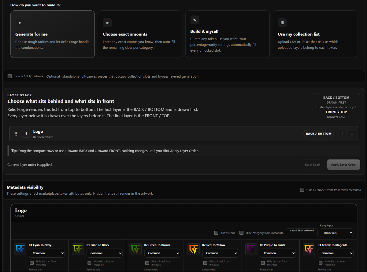 RelicForge_io's tweet photo. Relic Forge will make it easy and fast to build fully on-chain collections. In as little as 20 minutes you can be fully deployed! Whether you have everything neatly organized into folders or just a fold full of traits, we have the tools to help you succeed! 

Set rarities either generally (legendary, very rare, rare, uncommon or common), by percentage of the collection or by exact quantity!

Have some 1/1's? Want them to stand out? We allow you to upload full images and add whatever metadata fields you desire to them...you can even name the individual NFT! So, rather than token #7813 being a 1/1 it will be "Your 1/1's Name"

You can also build specific NFTs from your existing traits that will be randomly inserted into the collection.  So, if you have a green shirt, a green hat and a green pair of sunglasses that you know look freaking awesome on that gold skin with the small smirk mouth and that cyber-city background...build it and it will be guaranteed to be in the collection!

Our rules, make it super simple to make sure that your red shirt doesn't get lost on that red background or your male features don't end up floating above your female characters. After you implement the rules, Relic Forge will do a sanity check to make sure that your rules work with your counts and the traits you selected. 

Stay tuned and keep those notifications on! The fires have been lit and we will be live SOON!