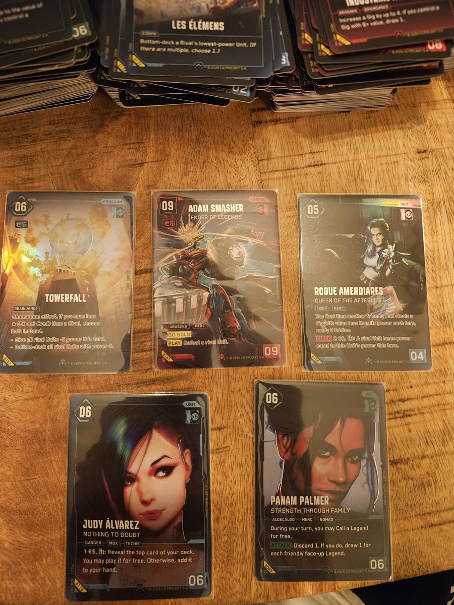 Shpiffy_TCG's tweet photo. My CyberpunkTCG Backerkit came in and  i opened one of my beta boxes with @Bucket_TCG.

Here are the hits, overall really happy. https://t.co/FnLvQfhzQ6