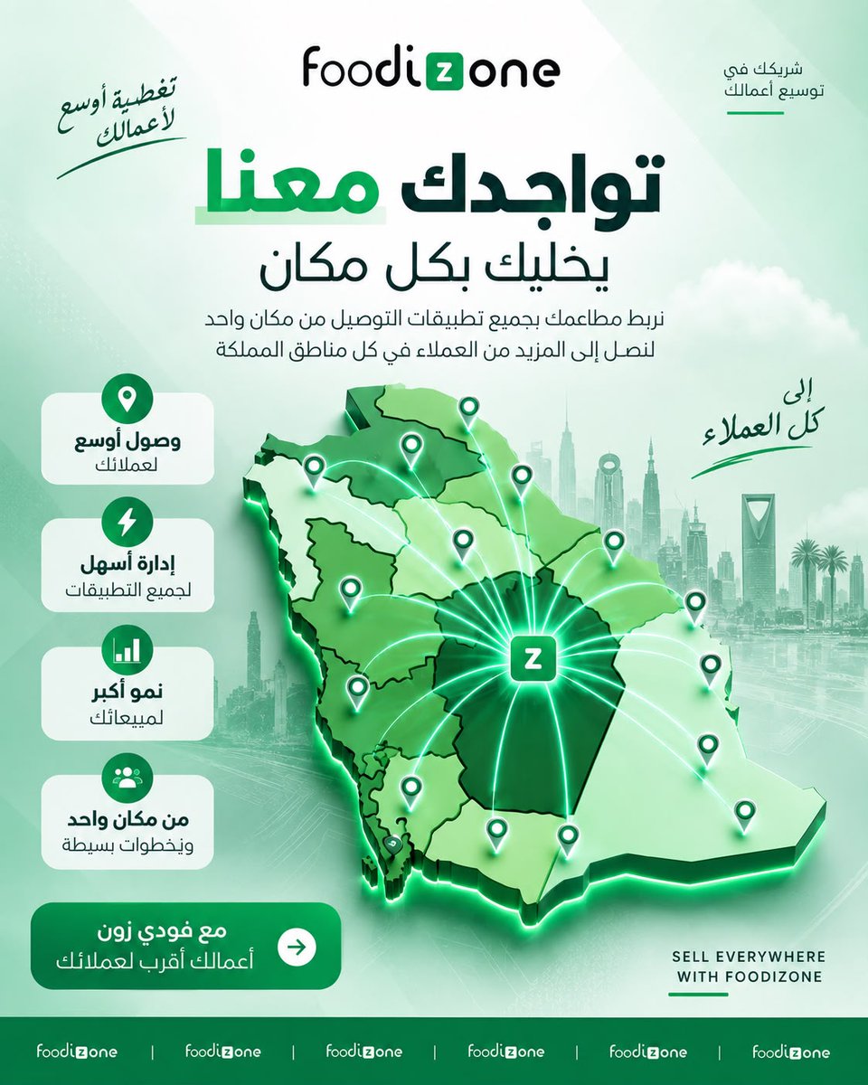 FoodiZone's tweet photo. 🌍 تواجدك معنا… يخليك بكل مكان!

عميلك اليوم موجود على أكثر من منصة،
فليش تخلي وصوله لمطعمك محدود؟

مع فودي زون، اربط تطبيقات التوصيل وخلك حاضر أمام عملائك على مختلف المنصات، بينما تدير طلباتك من مكان واحد بكل سهولة.
كل ما وسّعت حضورك، زادت فرص وصولك لعملاء أكثر.
خلّ مطعمك حاضر https://t.co/wwFlwuHCSD