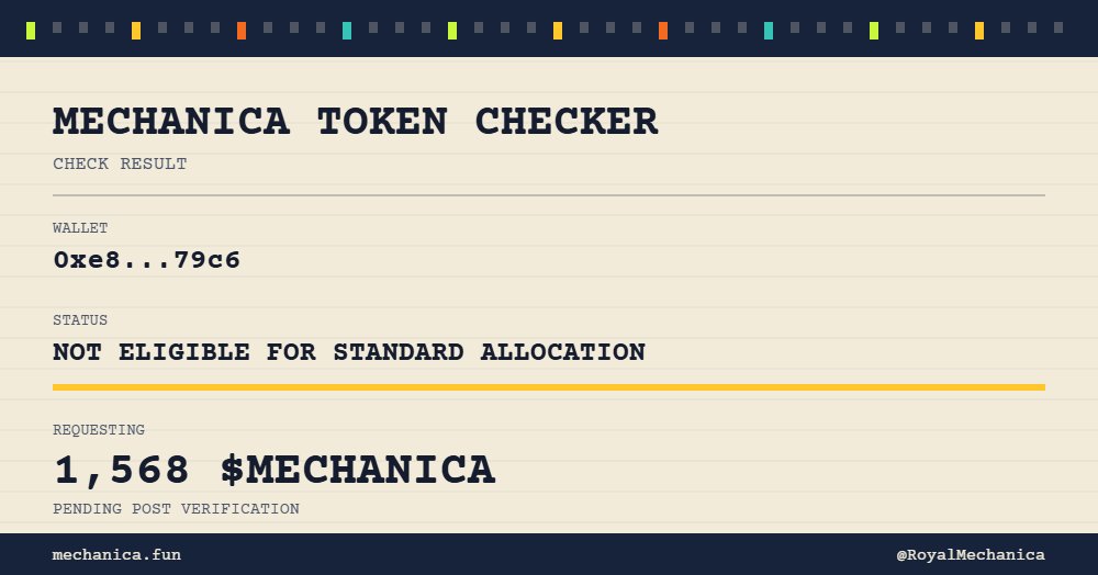 Trust_worthy_'s tweet photo. I checked my $MECHANICA allocation.

My wallet is not eligible for the standard allocation, but I may still qualify to request 1,568 $MECHANICA.

Check yours:
https://t.co/vkE5TOG43L

@RoyalMechanica https://t.co/M3yKTWLEMl