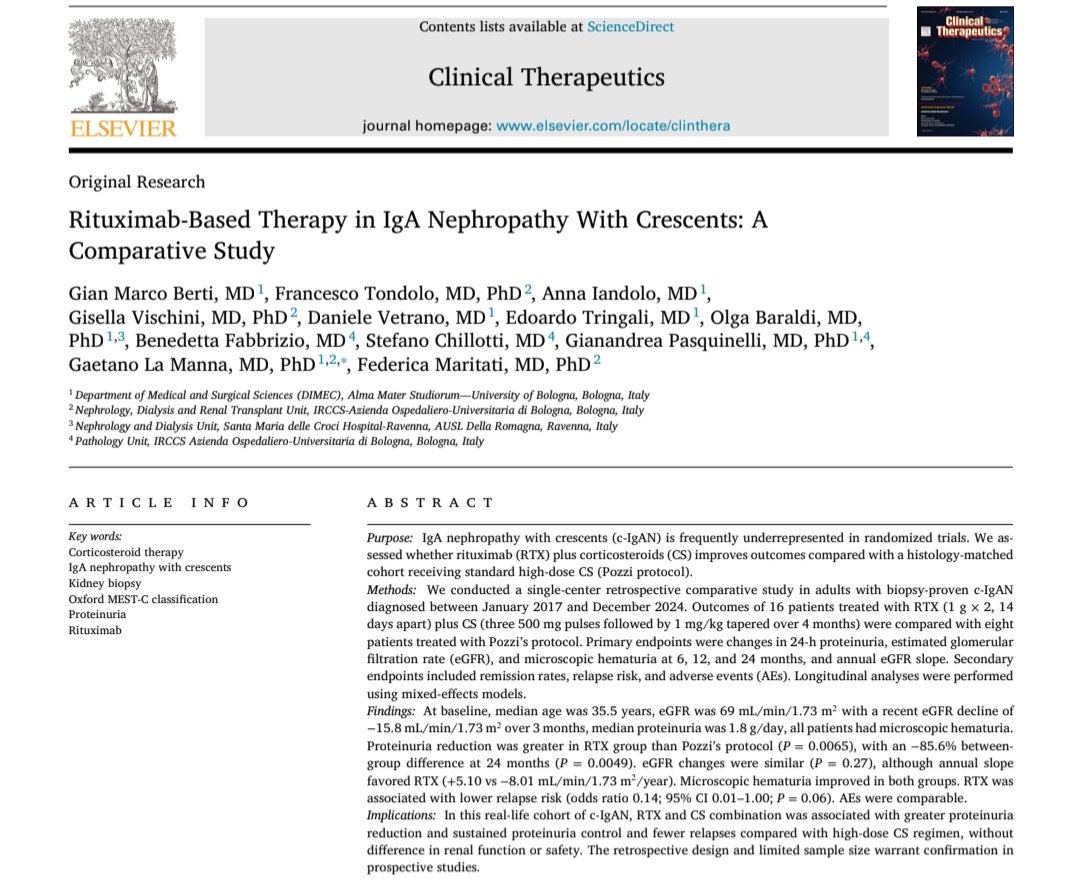 GianMarcoB65728's tweet photo. Re-considering Rituximab efficacy in IgA Nephropathy: a new role in patients with crescents?
We explored RTX-based therapy in #IgAN with crescents, showing encouraging signals in proteinuria reduction and relapse prevention.
Great teamwork @Unibo

https://t.co/1IZVlZaHg1 https://t.co/tJjvn49pHA