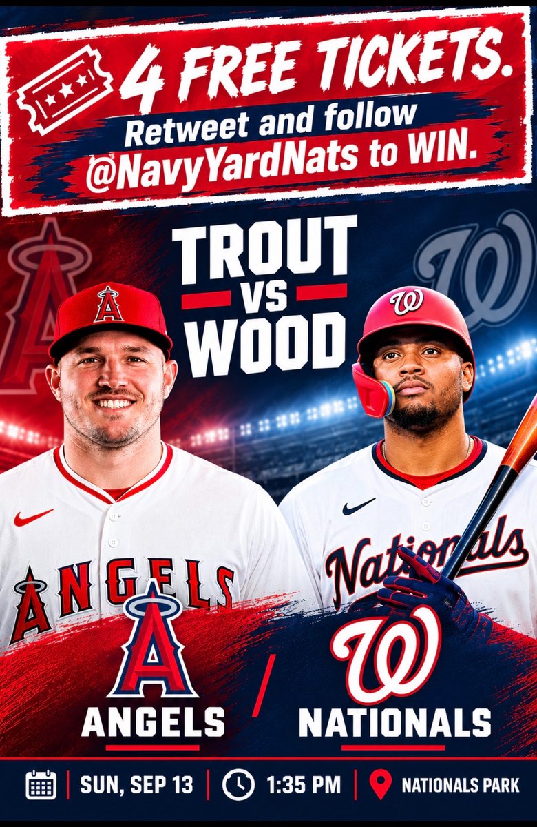 NavyYardNats's tweet photo. 𝗥𝗲𝘁𝘄𝗲𝗲𝘁 &amp; 𝗳𝗼𝗹𝗹𝗼𝘄 𝘁𝗼 𝗪𝗜𝗡 𝘁𝗶𝗰𝗸𝗲𝘁𝘀 tomorrow’s Nationals-Angels game at Nats Park. 

𝟮 𝗪𝗜𝗡𝗡𝗘𝗥𝗦 get 𝟮 free tickets each. 
𝟮 𝗪𝗜𝗡𝗡𝗘𝗥𝗦 picked — 𝟵:𝟬𝟬𝗽𝗺 𝗘𝗧 𝗧𝗢𝗡𝗜𝗚𝗛𝗧 https://t.co/RIRulBbg9R