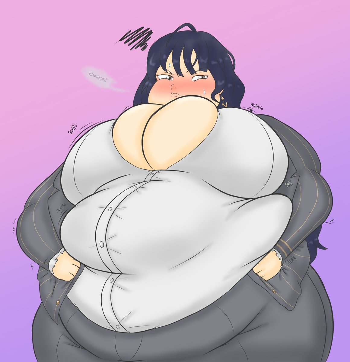 Doihaffto1's tweet photo. Comm of Riko Kashimoto from Uma Musame Pretty Derby unable to close her blazer around her belly. https://t.co/zHgXxw98bV